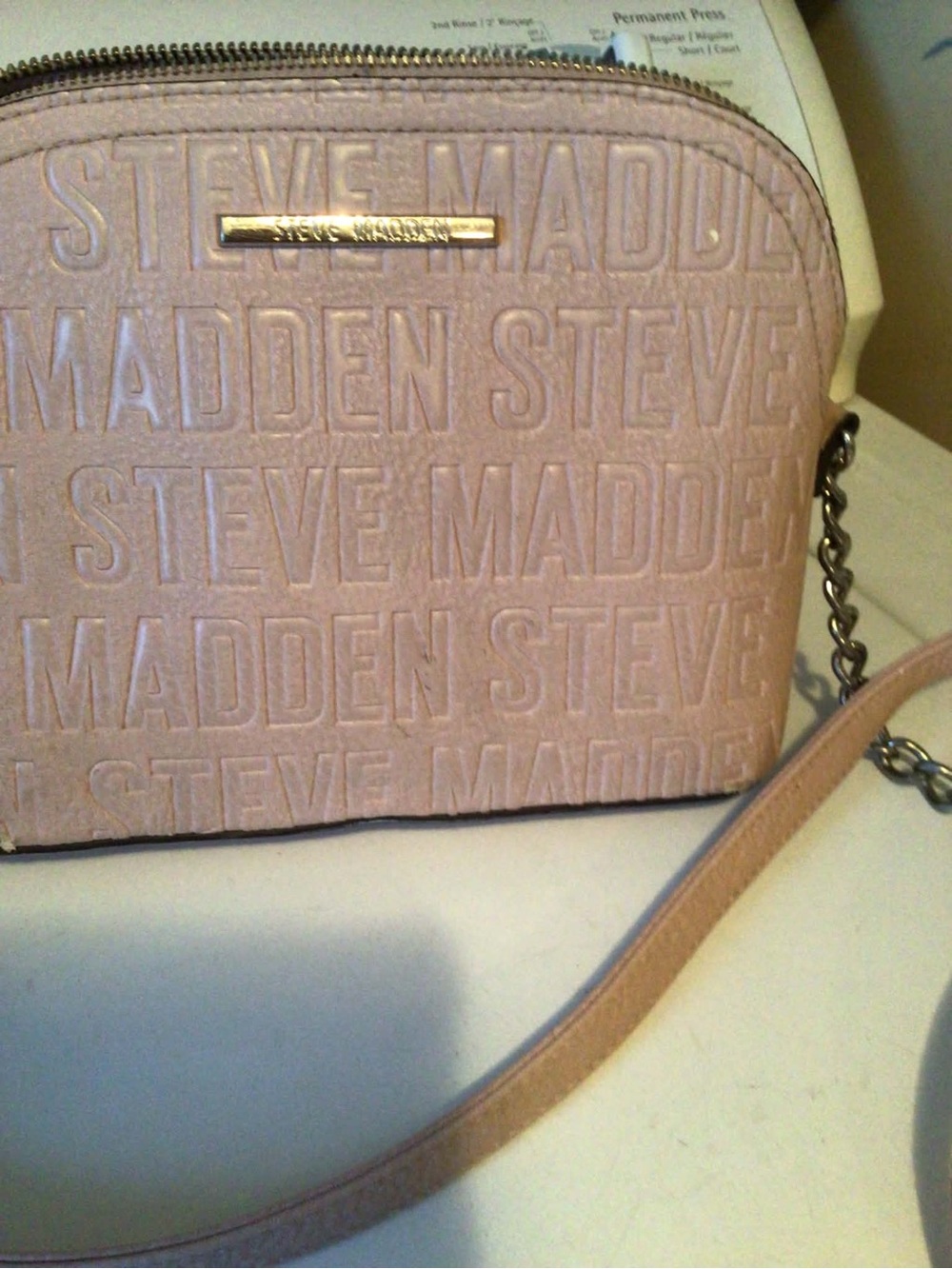 Steve Madden Light Pink Embossed Logo Crossbody Bag with Gold Accent
